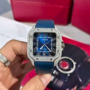 Cartier Santos Replica Watch Blue Dial Custom Moissanite Diamonds 39.8mm